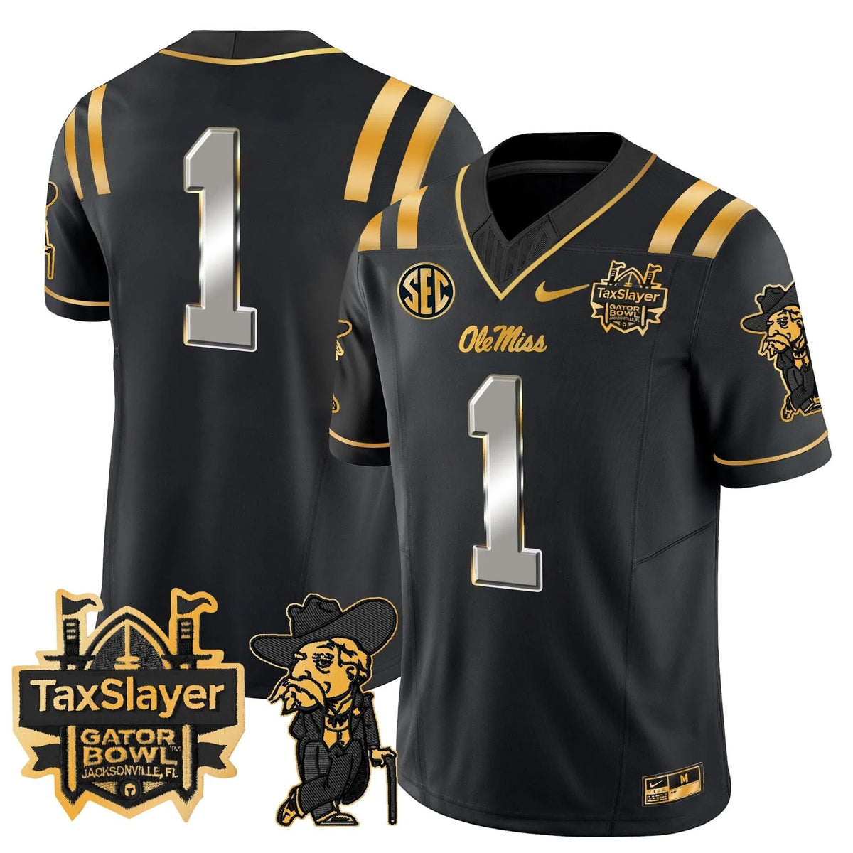 Personalized OMB 2026 Gator Bowl Patch Gold Vapor Limited Jersey - Black Limited / #1 Team Stitched
