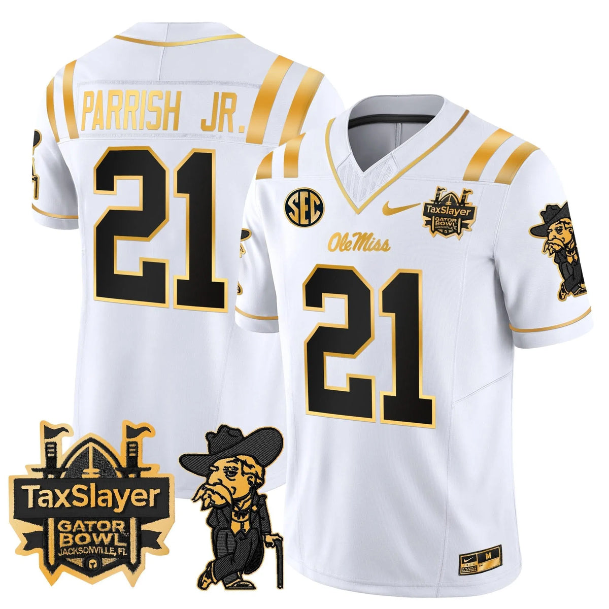 Personalized OMB 2026 Gator Bowl Patch Gold Vapor Limited Jersey - White Gold / Henry Parrish Jr. Stitched