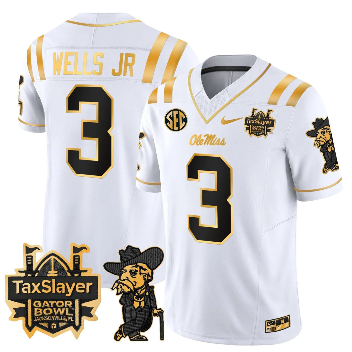 Personalized OMB 2026 Gator Bowl Patch Gold Vapor Limited Jersey - White Gold / Antwane Wells Jr. Stitched
