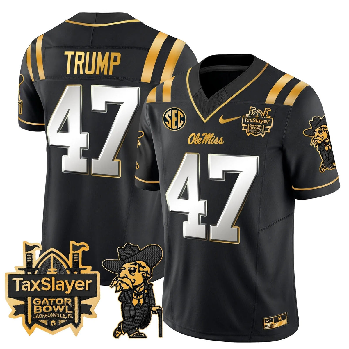 Personalized OMB 2026 Gator Bowl Patch Gold Vapor Limited Jersey - Black Limited / Trump Stitched