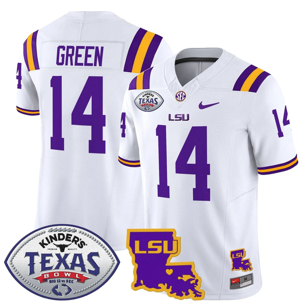 Personalized LSU 2026 Texas Bowl Patch Vapor Limited Jersey - White / Trey'Dez Green Stitched