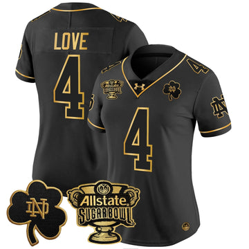 Personalized Women's NDFI 2026 Sugar Bowl Gold Patch Vapor Limited Jersey - Stitched - Black Gold / Jeremiyah Love Stitched