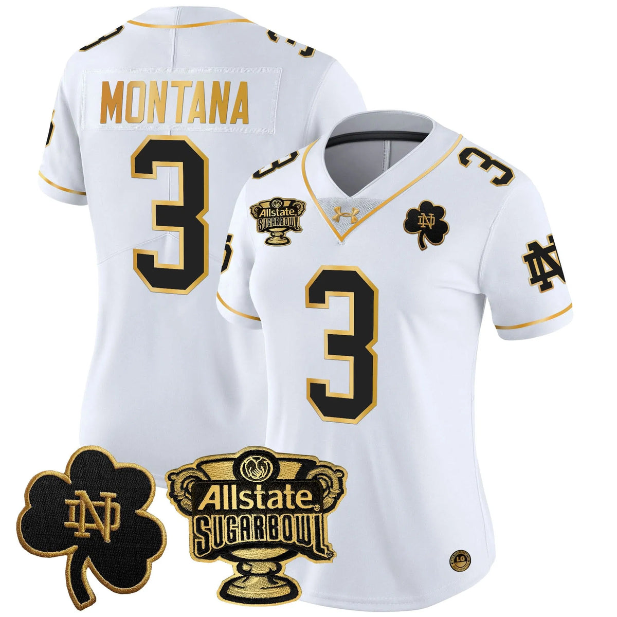 Personalized Women's NDFI 2026 Sugar Bowl Gold Patch Vapor Limited Jersey - Stitched - White Gold / Joe Montana Stitched