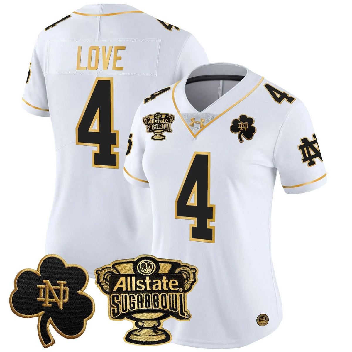 Personalized Women's NDFI 2026 Sugar Bowl Gold Patch Vapor Limited Jersey - Stitched - White Gold / Jeremiyah Love Stitched