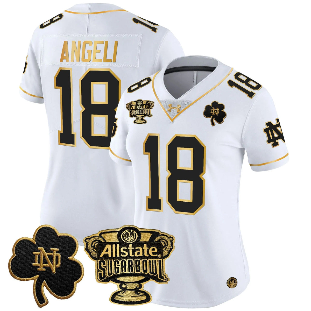 Personalized Women's NDFI 2026 Sugar Bowl Gold Patch Vapor Limited Jersey - Stitched - White Gold / Steve Angeli Stitched