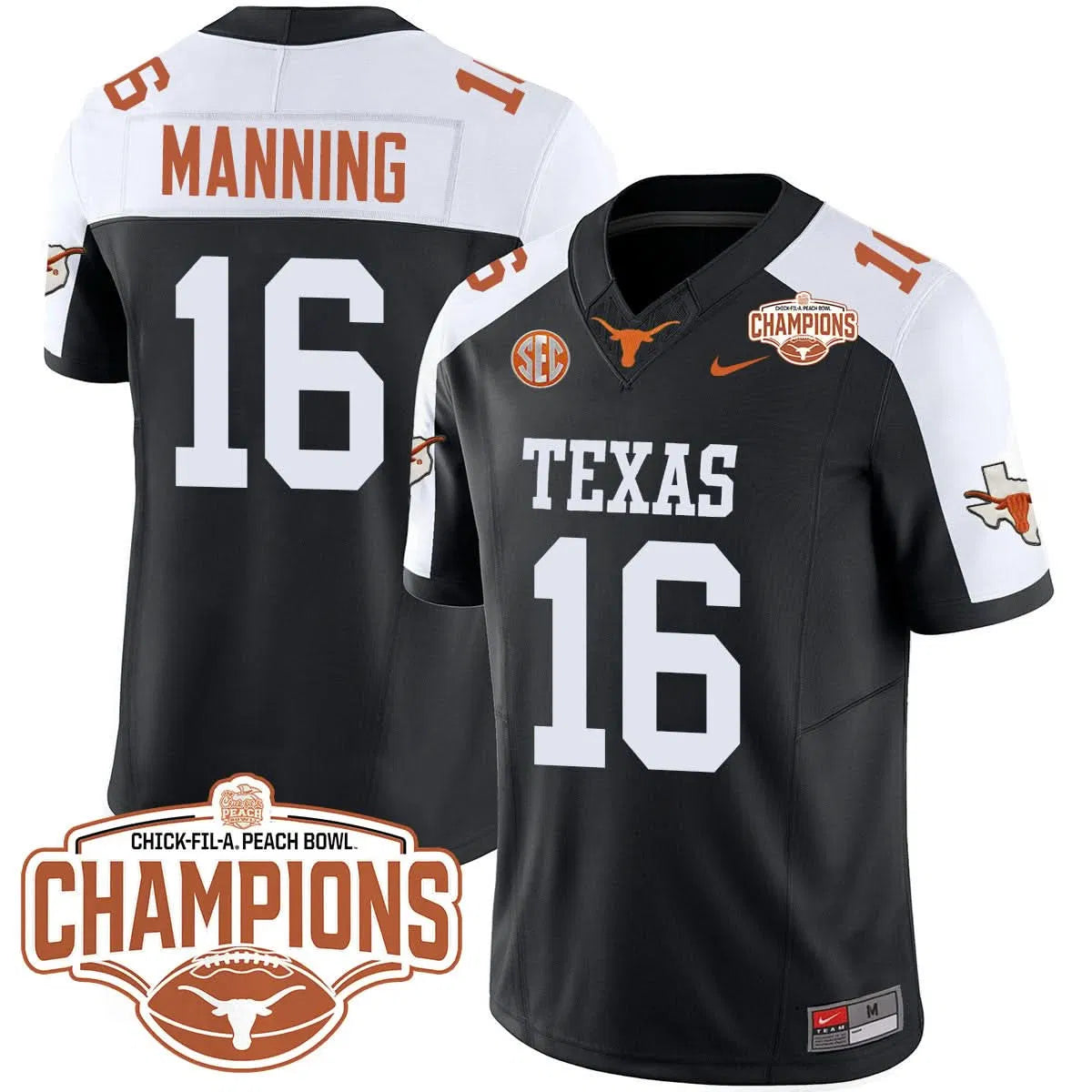 Personalized TL 2026 Peach Bowl Champions Jersey - Arch Manning - 16 / Black Alternate Stitched