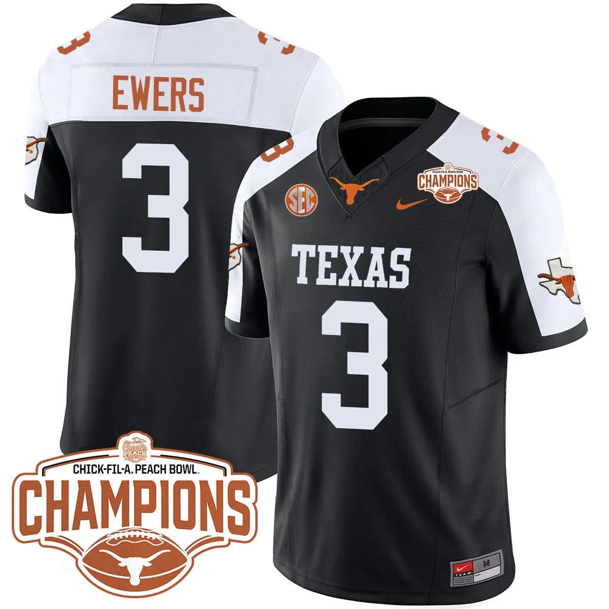 Personalized TL 2026 Peach Bowl Champions Jersey - Quinn Ewers - 3 / Black Alternate Stitched