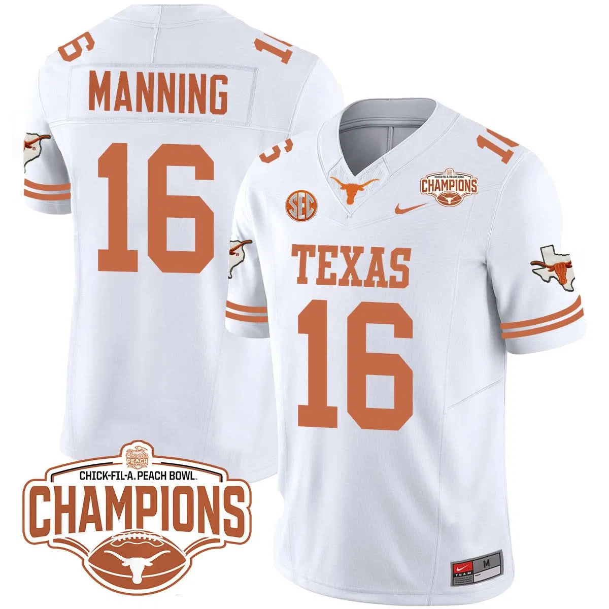 Personalized TL 2026 Peach Bowl Champions Jersey - Arch Manning - 16 / White Stitched