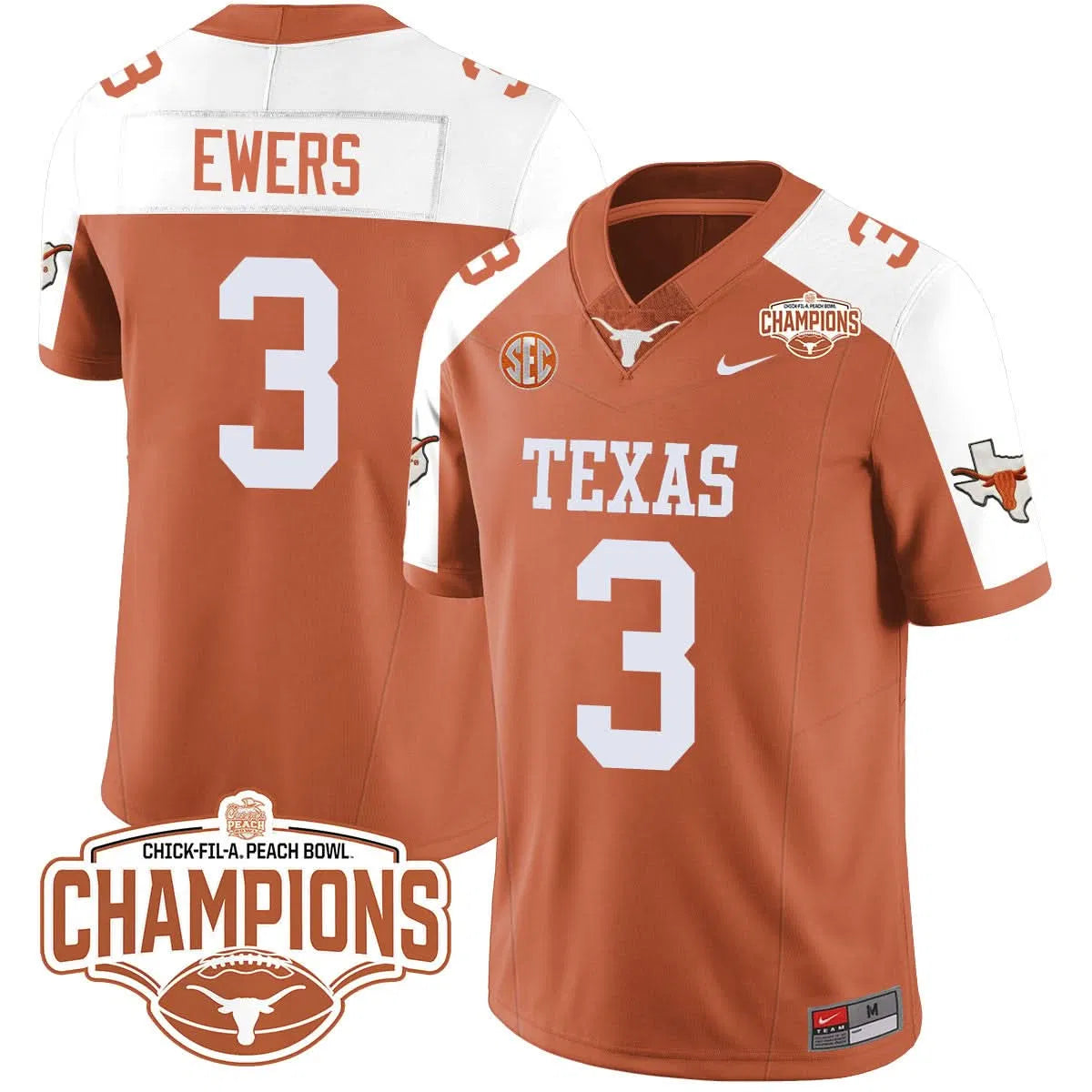 Personalized TL 2026 Peach Bowl Champions Jersey - Quinn Ewers - 3 / Orange Alternate Stitched