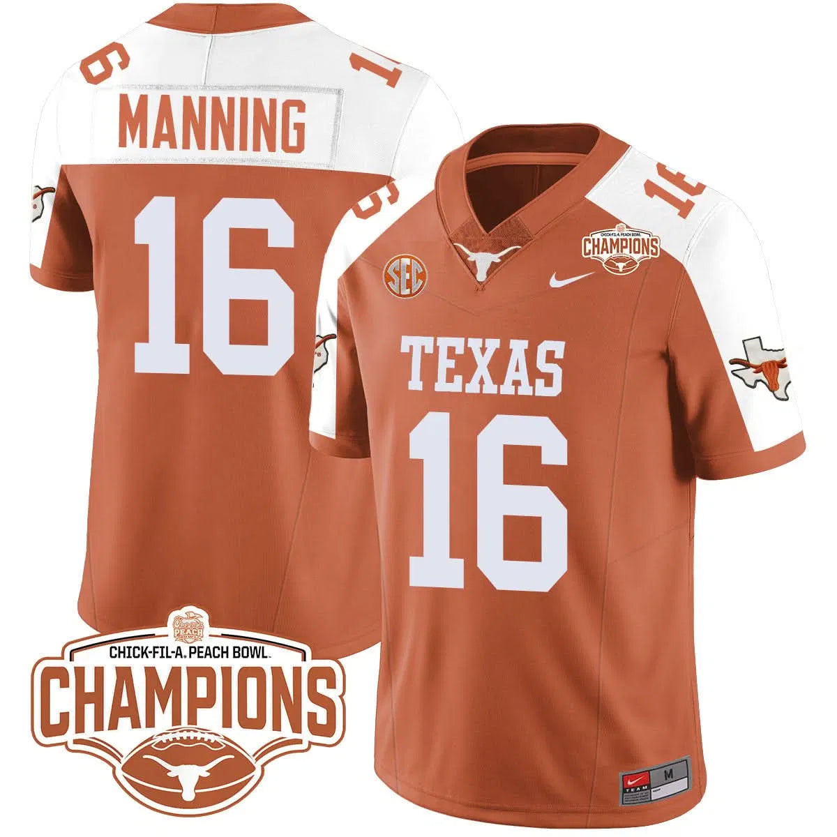 Personalized TL 2026 Peach Bowl Champions Jersey - Arch Manning - 16 / Orange Alternate Stitched
