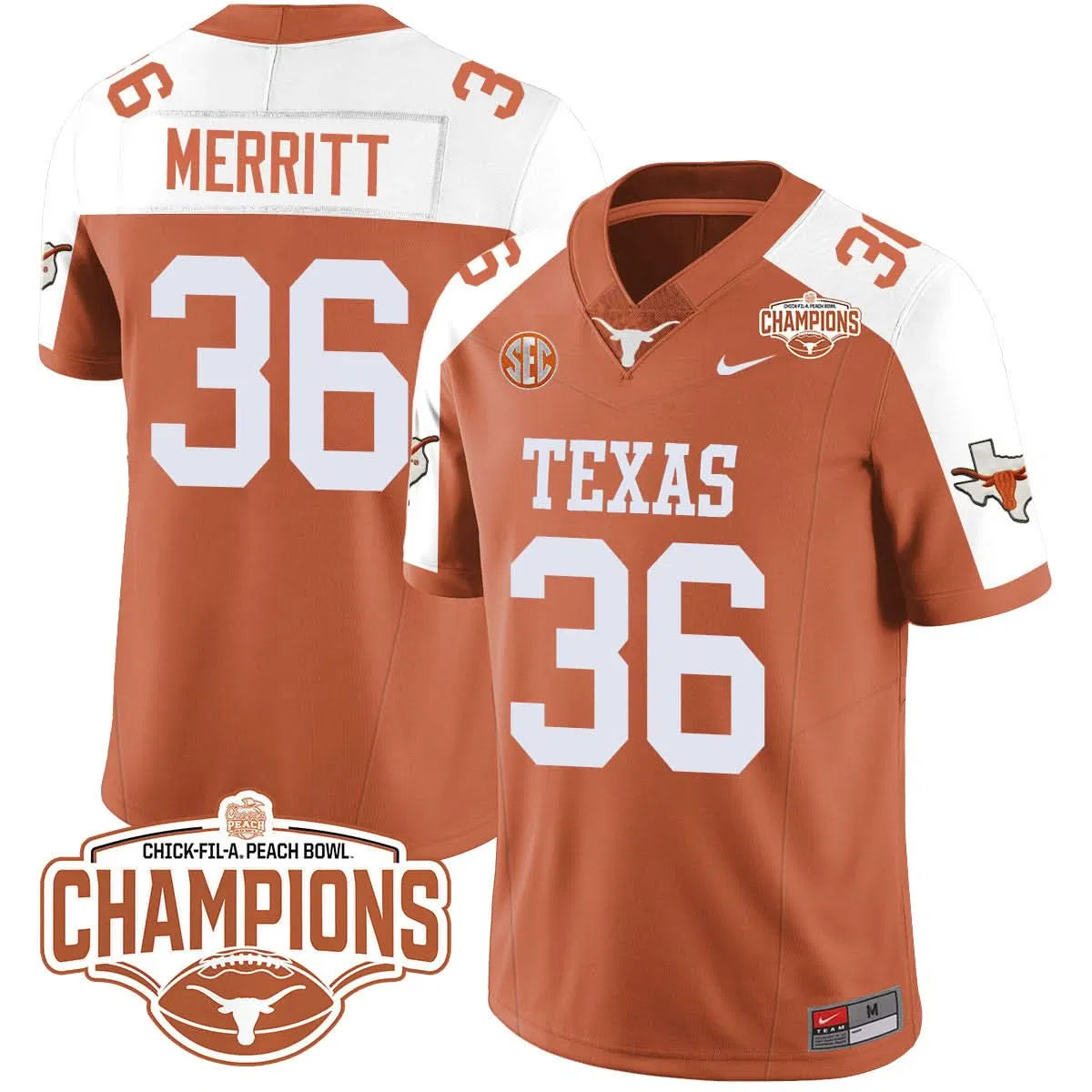 Personalized TL 2026 Peach Bowl Champions Jersey - Quinn Merritt - 36 / Orange Alternate Stitched