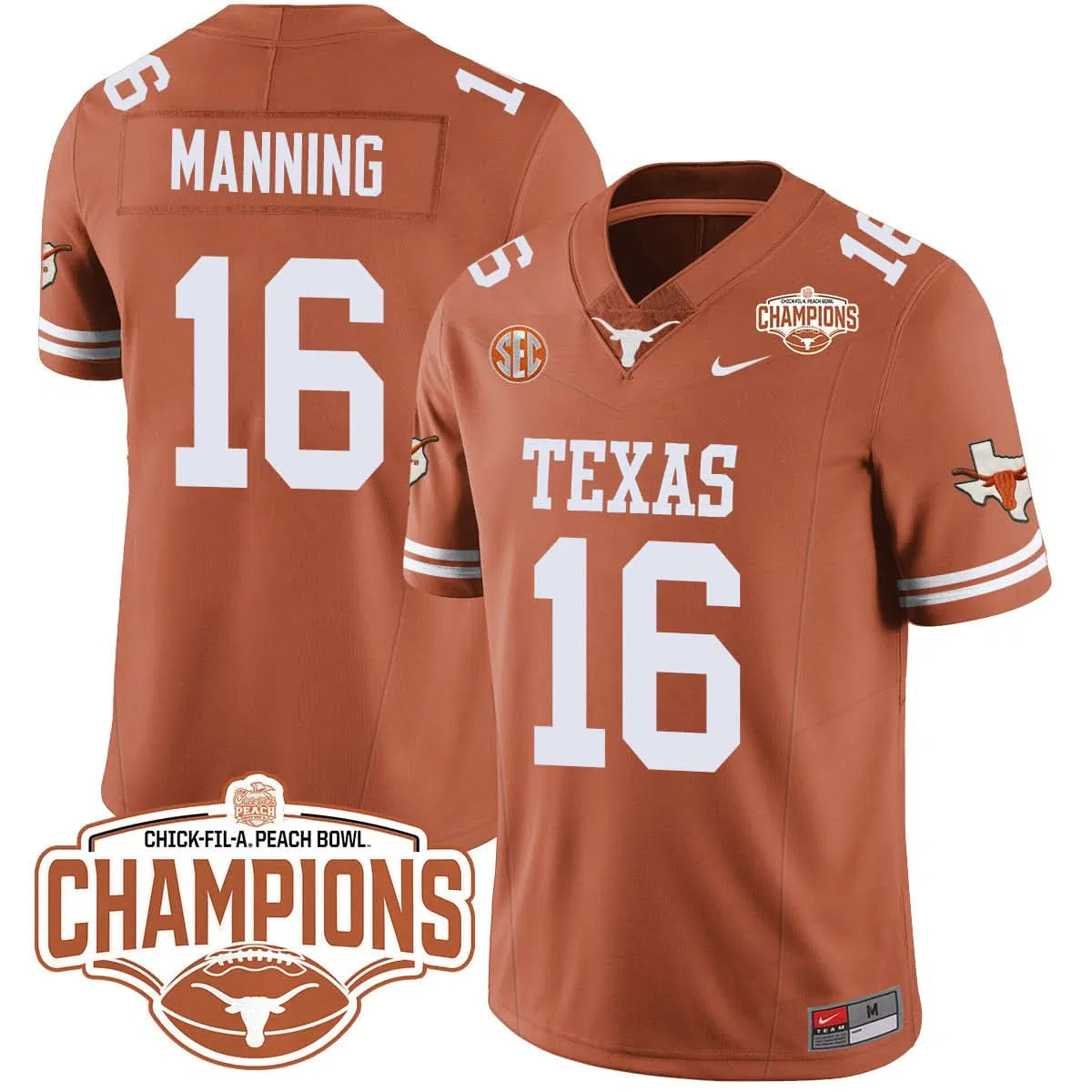 Personalized TL 2026 Peach Bowl Champions Jersey - Arch Manning - 16 / Orange Stitched