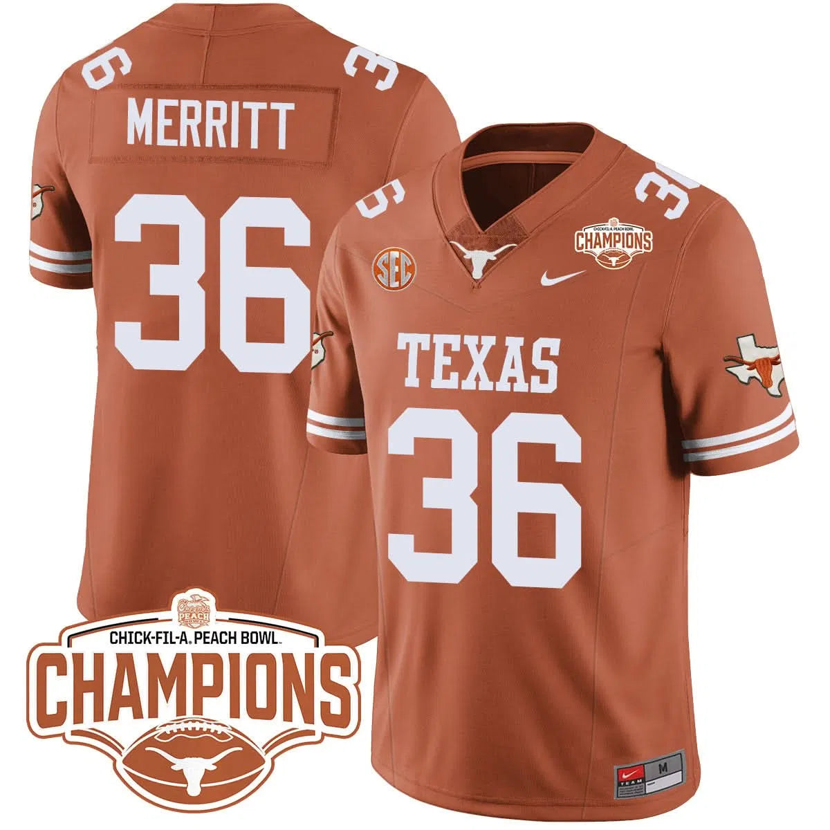 Personalized TL 2026 Peach Bowl Champions Jersey - Quinn Merritt - 36 / Orange Stitched