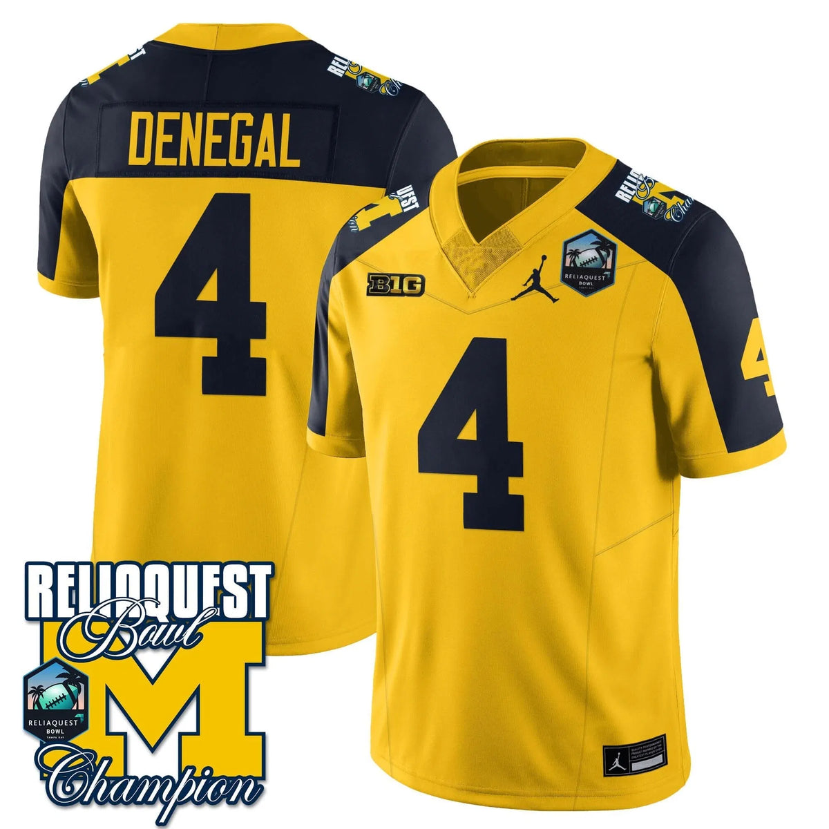 Personalized MW 2026 ReliaQuest Bowl Champions Jersey - Jayden Denegal - 4 / Maize Alternate Stitched