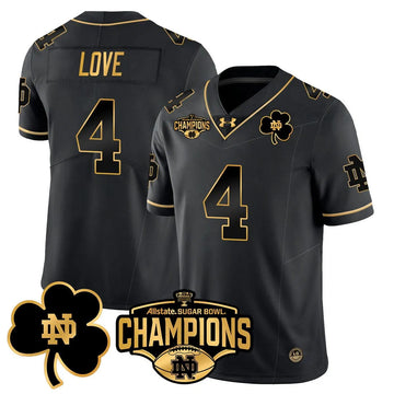 Personalized NDFI 2026 Sugar Bowl Champions Gold Jersey - Black Gold / Jeremiyah Love Stitched
