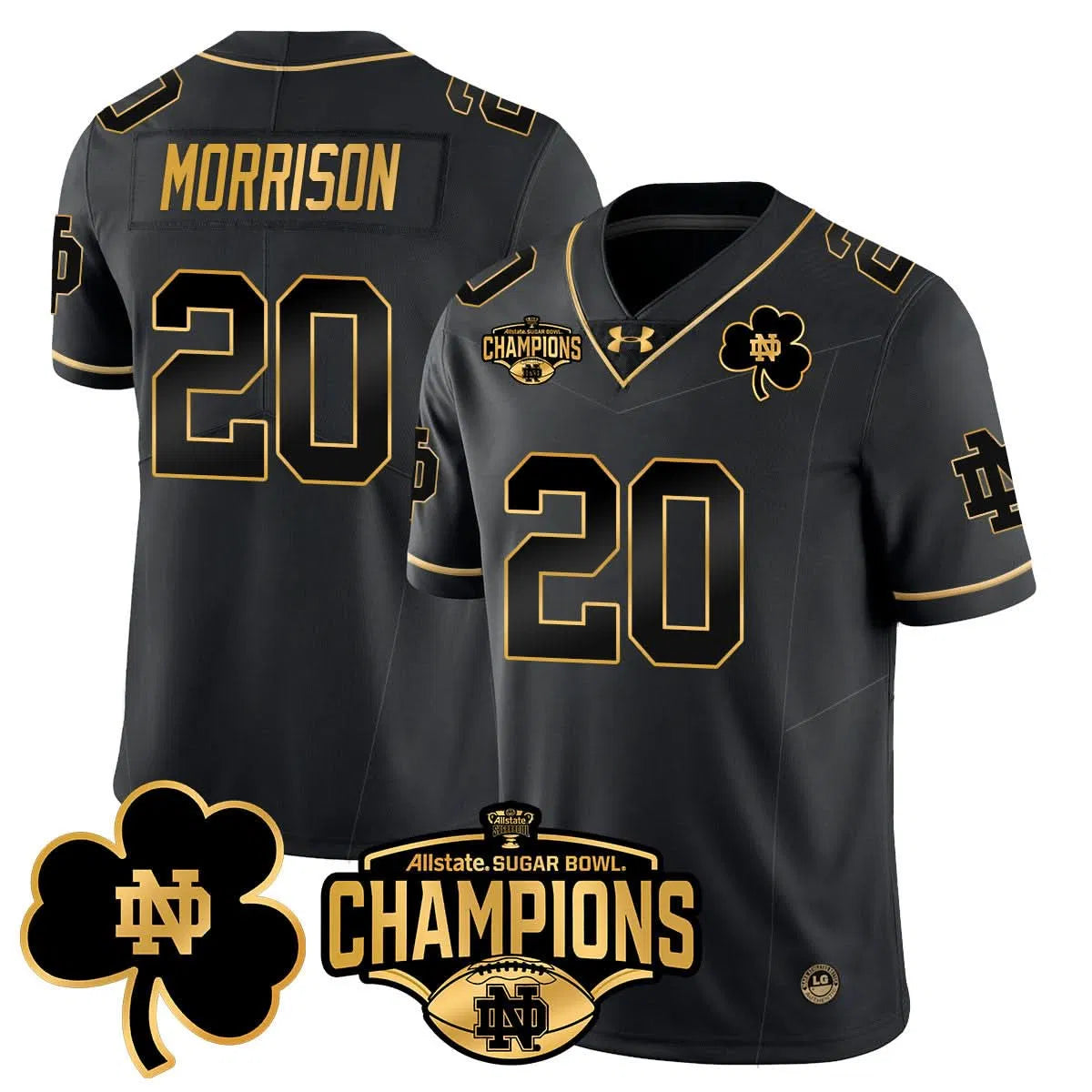 Personalized NDFI 2026 Sugar Bowl Champions Gold Jersey - Black Gold / Benjamin Morrison Stitched