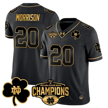 Personalized NDFI 2026 Sugar Bowl Champions Gold Jersey - Black Gold / Benjamin Morrison Stitched