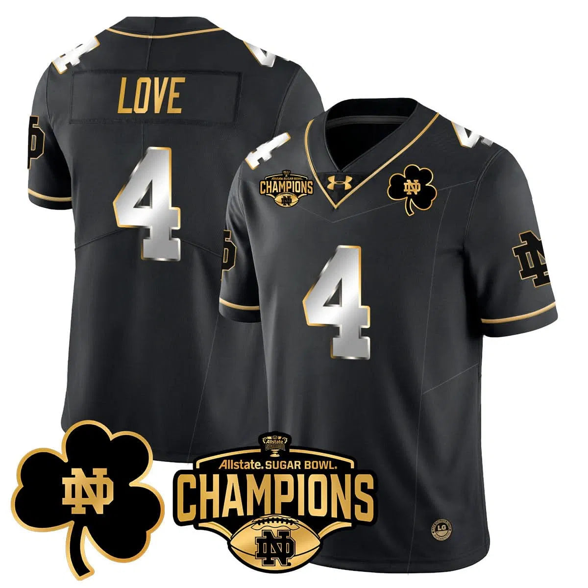 Personalized NDFI 2026 Sugar Bowl Champions Gold Jersey - Black Limited / Jeremiyah Love Stitched