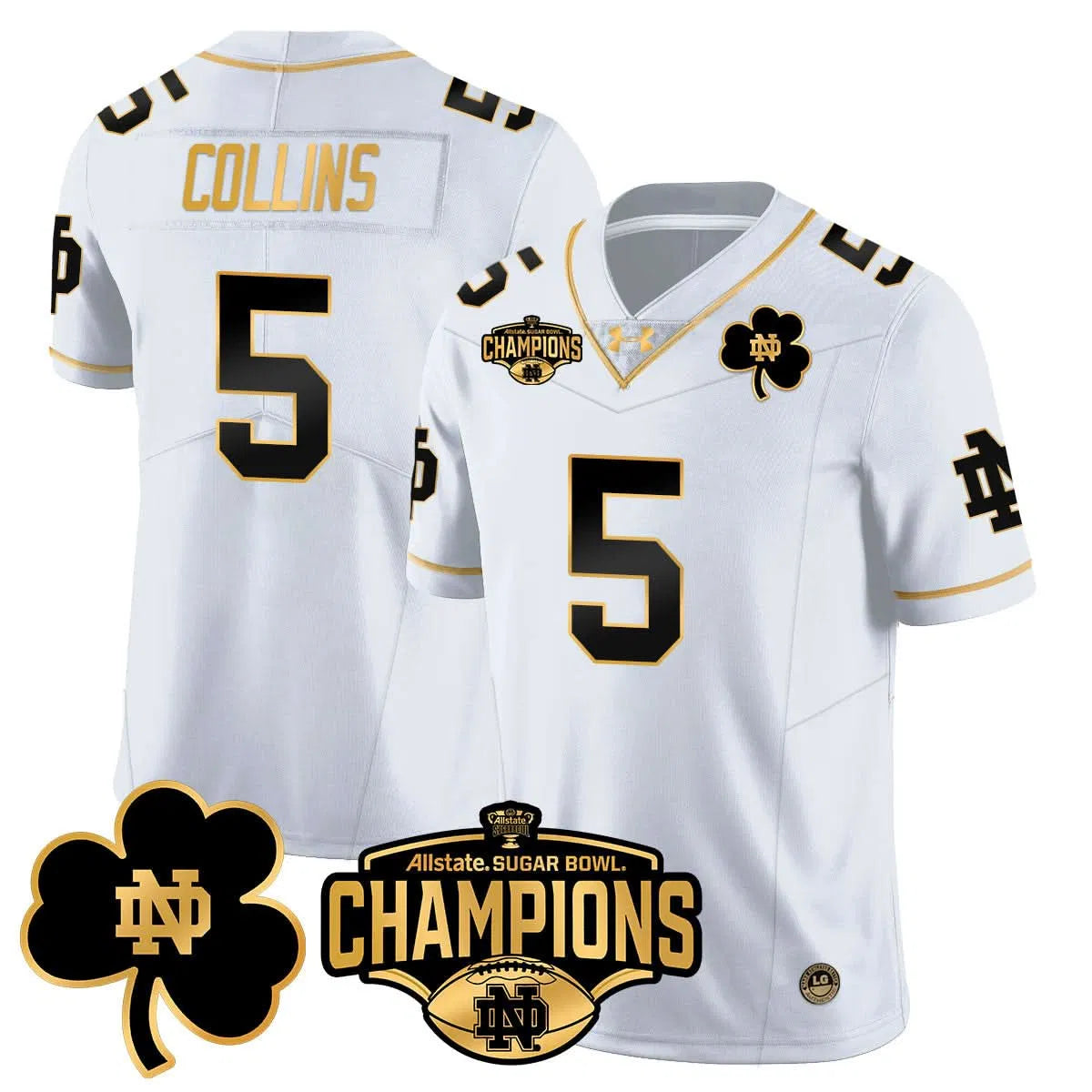 Personalized NDFI 2026 Sugar Bowl Champions Gold Jersey - White Gold / Beaux Collins Stitched
