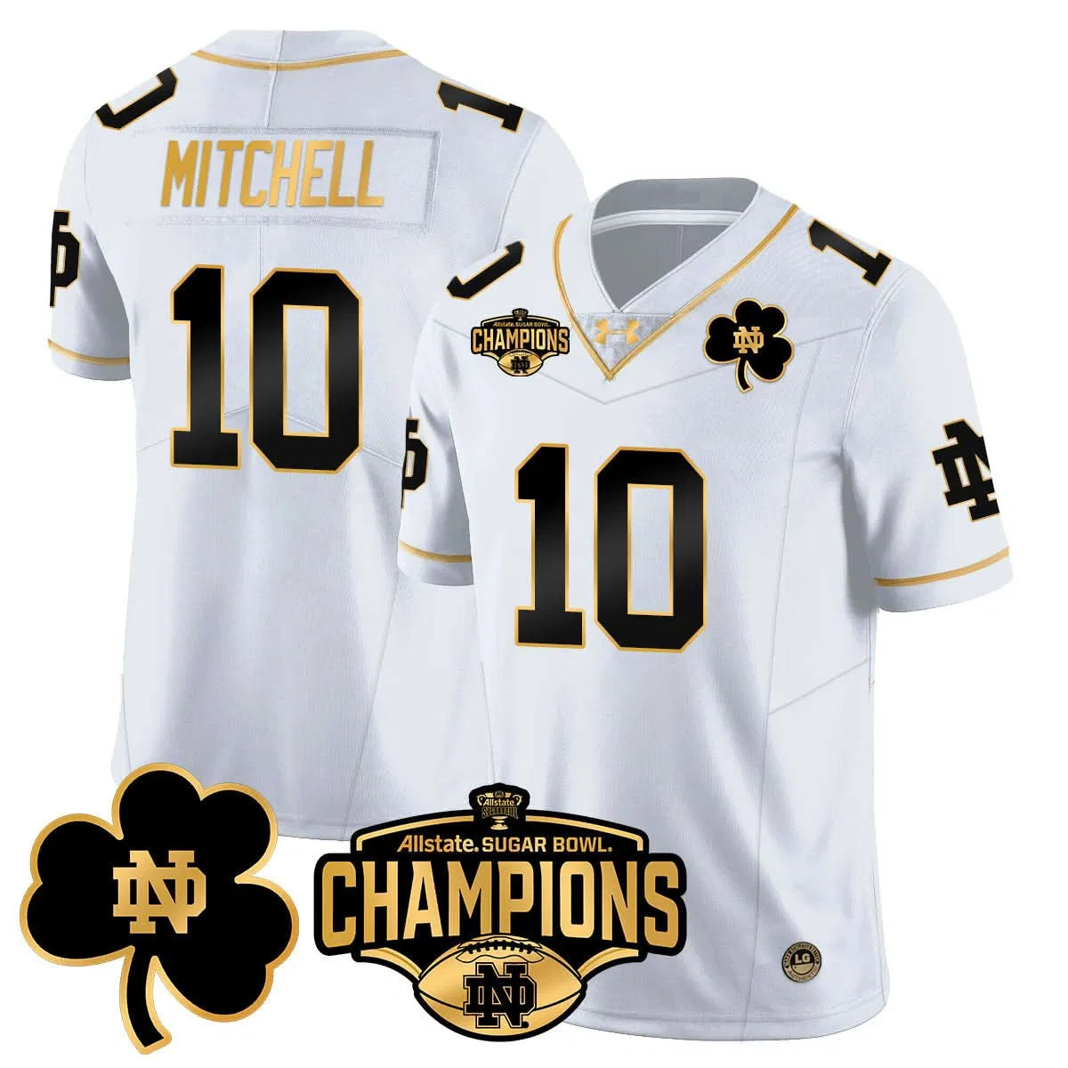 Personalized NDFI 2026 Sugar Bowl Champions Gold Jersey - White Gold / Kris Mitchell Stitched