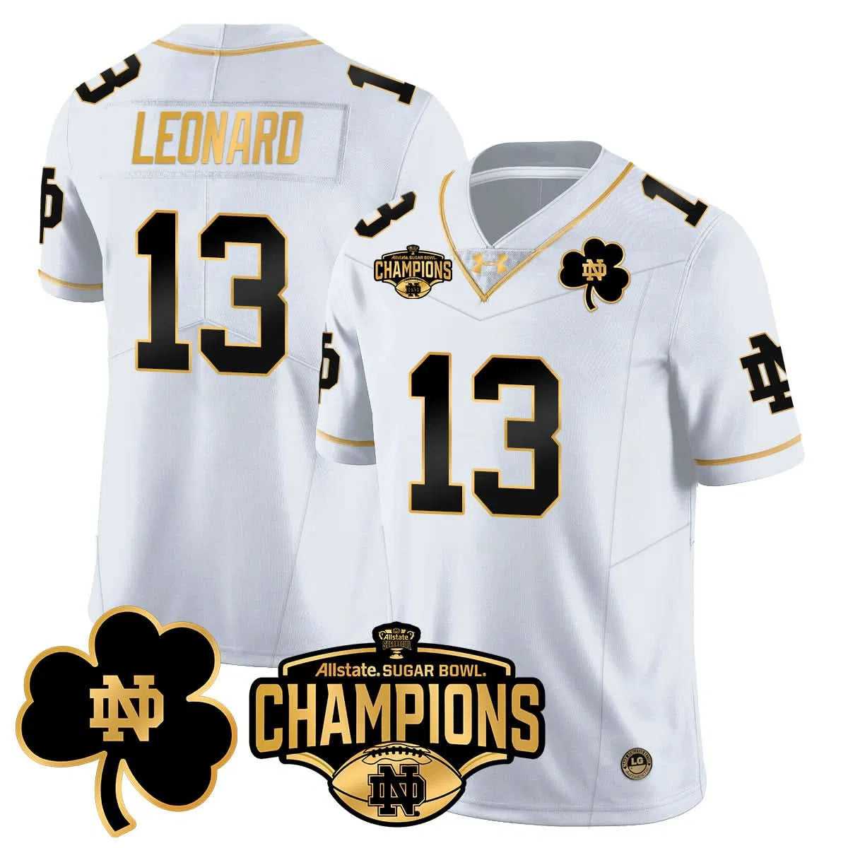 Personalized NDFI 2026 Sugar Bowl Champions Gold Jersey - White Gold / Riley Leonard Stitched
