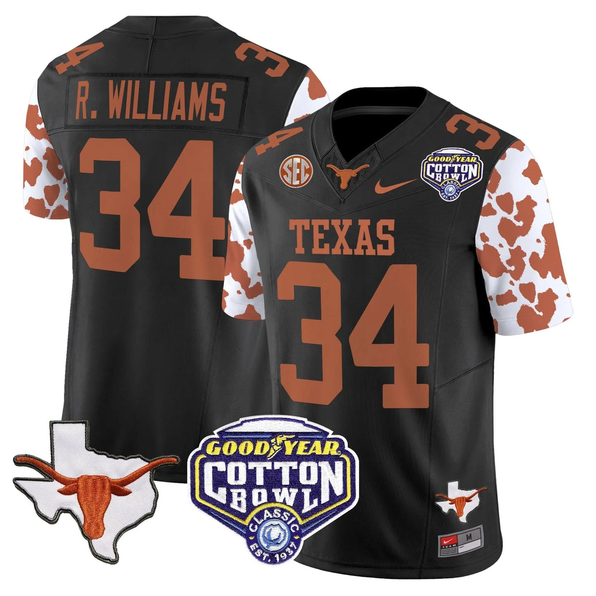 Personalized TL Cow Spots Cotton Bowl Patch Vapor Limited Jersey - Black / Ricky Williams Stitched