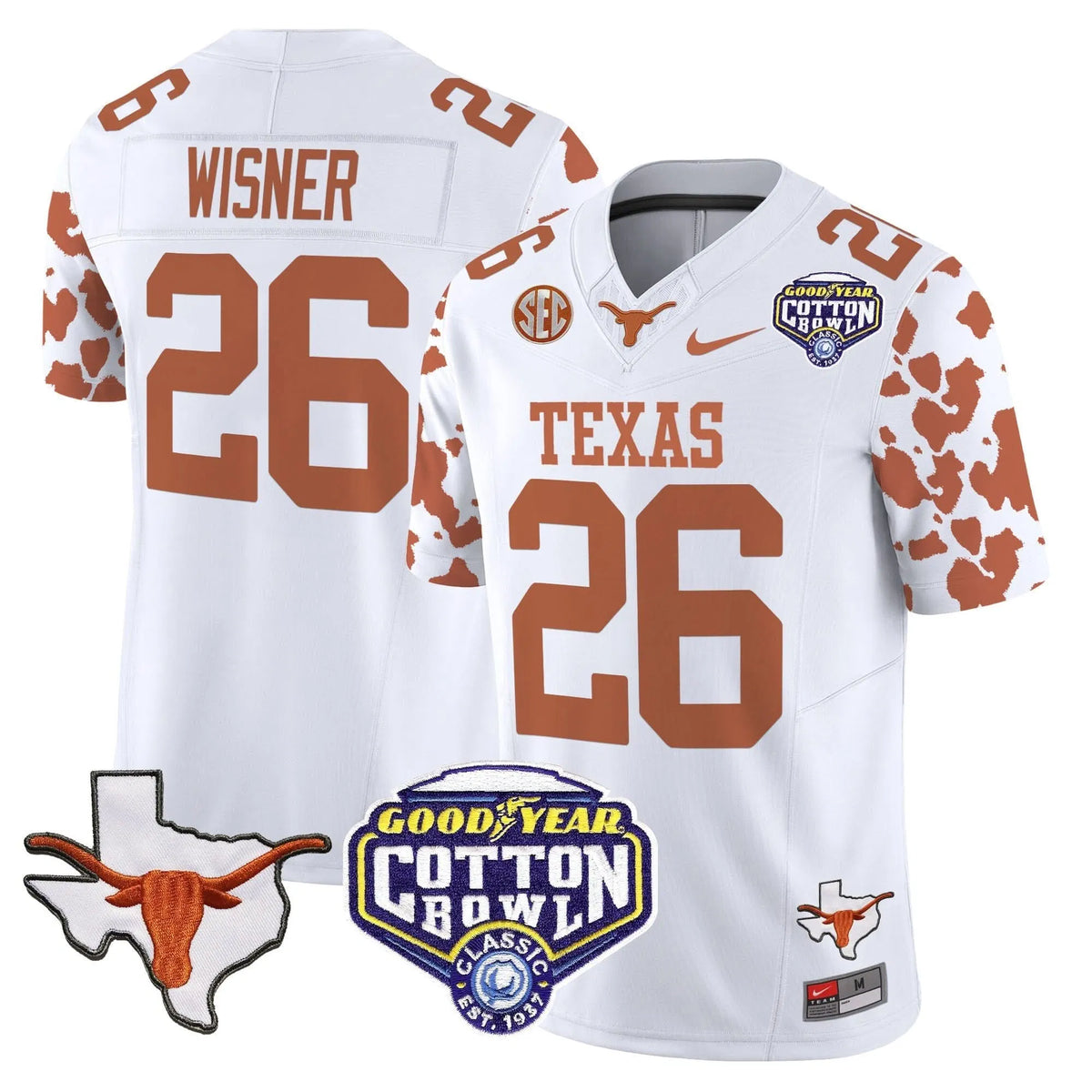 Personalized TL Cow Spots Cotton Bowl Patch Vapor Limited Jersey - White / Quintrevion Wisner Stitched