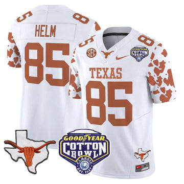 Personalized TL Cow Spots Cotton Bowl Patch Vapor Limited Jersey - White / Gunnar Helm Stitched