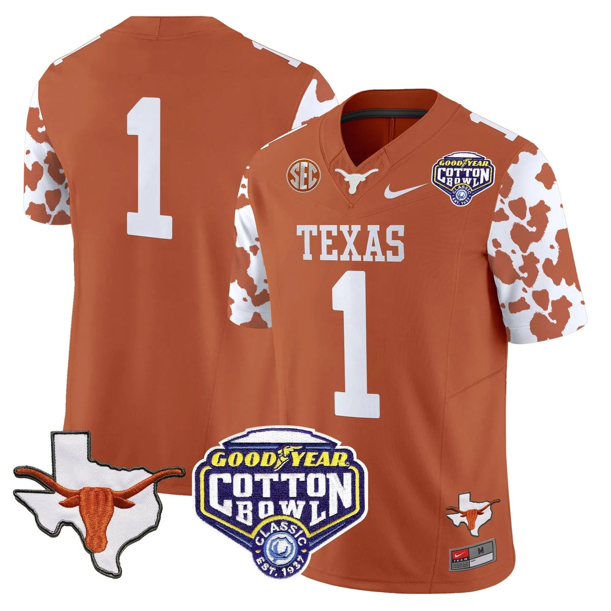 Personalized TL Cow Spots Cotton Bowl Patch Vapor Limited Jersey - Texas Orange / #1 Team Stitched