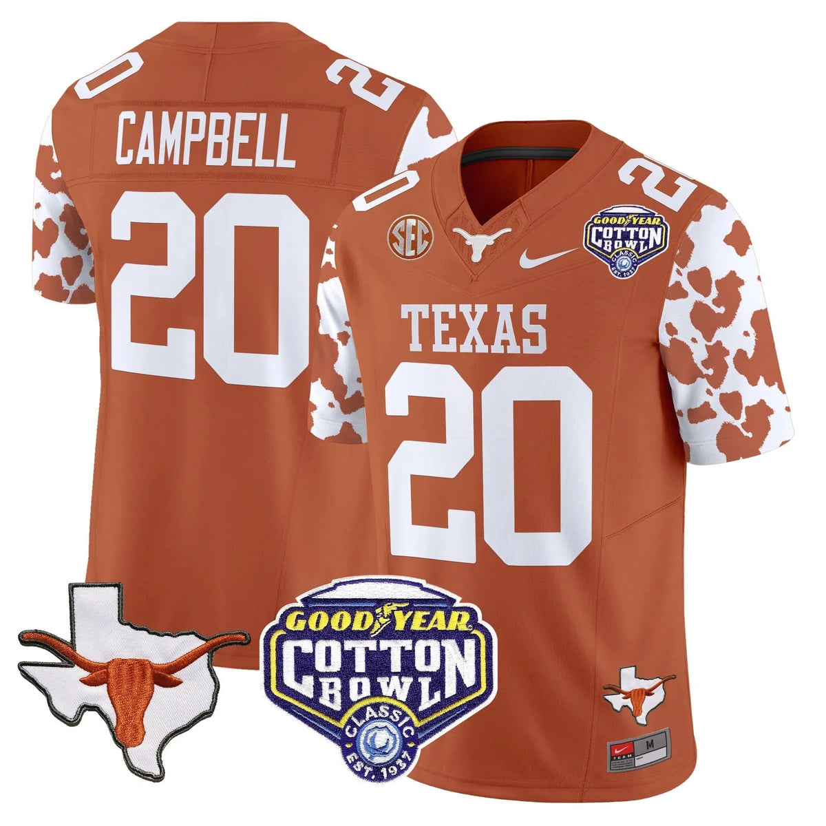 Personalized TL Cow Spots Cotton Bowl Patch Vapor Limited Jersey - Texas Orange / Earl Campbell Stitched