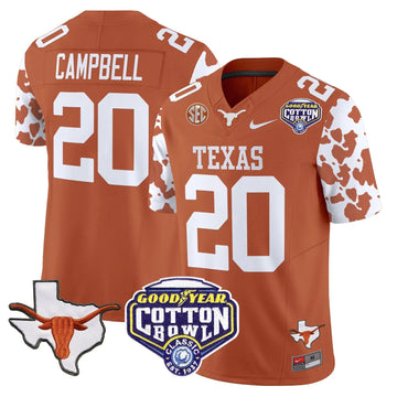 Personalized TL Cow Spots Cotton Bowl Patch Vapor Limited Jersey - Texas Orange / Earl Campbell Stitched