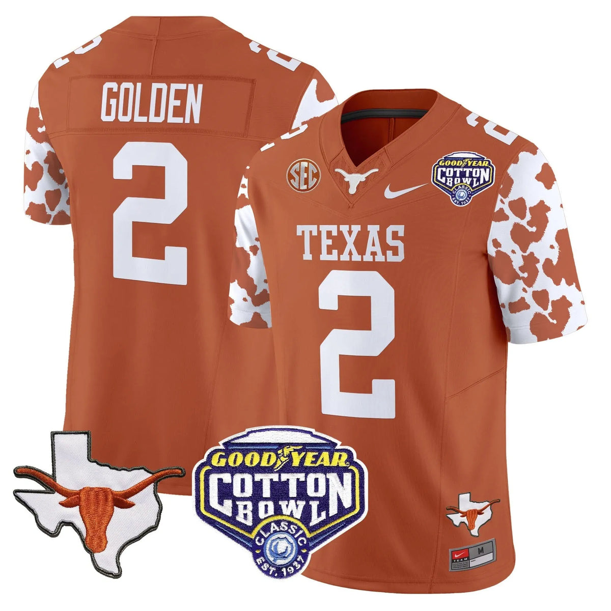 Personalized TL Cow Spots Cotton Bowl Patch Vapor Limited Jersey - Texas Orange / Matthew Golden Stitched