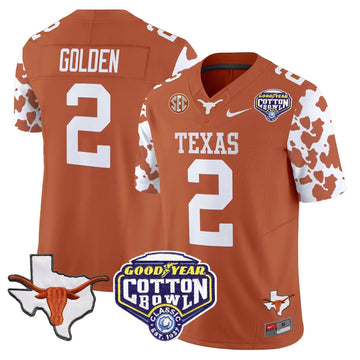 Personalized TL Cow Spots Cotton Bowl Patch Vapor Limited Jersey - Texas Orange / Matthew Golden Stitched