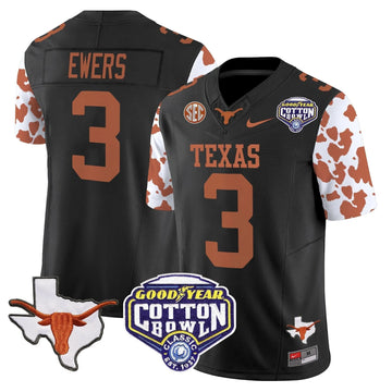 Personalized TL Cow Spots Cotton Bowl Patch Vapor Limited Jersey - Black / Quinn Ewers Stitched