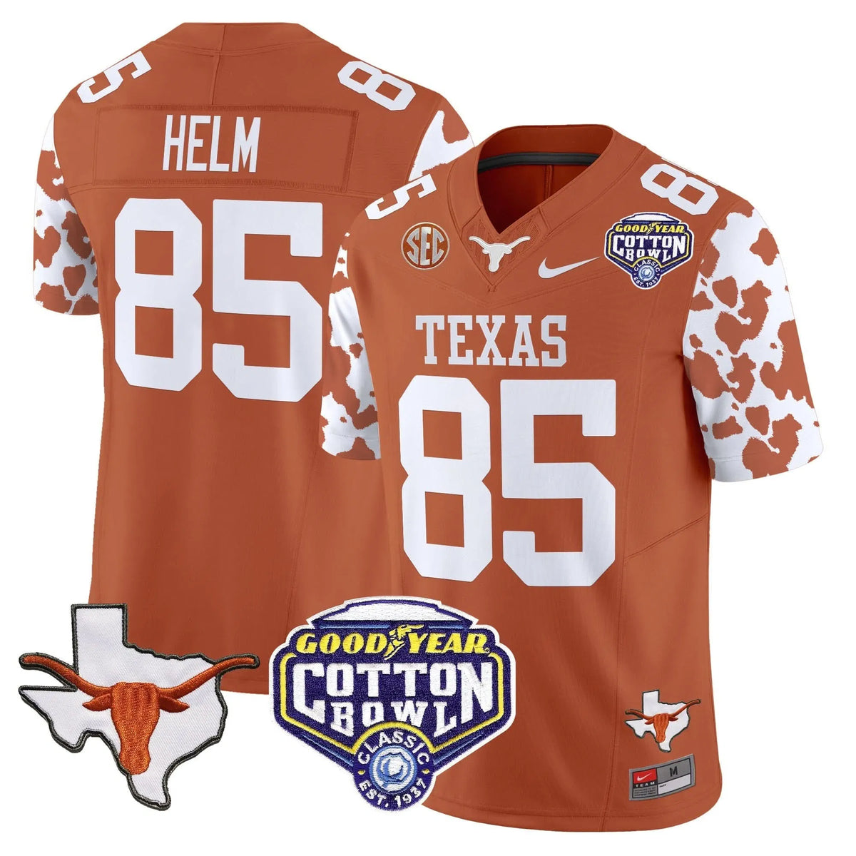 Personalized TL Cow Spots Cotton Bowl Patch Vapor Limited Jersey - Texas Orange / Gunnar Helm Stitched