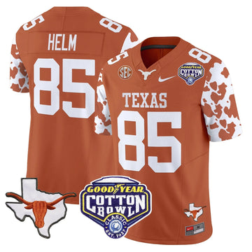 Personalized TL Cow Spots Cotton Bowl Patch Vapor Limited Jersey - Texas Orange / Gunnar Helm Stitched