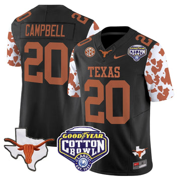 Personalized TL Cow Spots Cotton Bowl Patch Vapor Limited Jersey - Black / Earl Campbell Stitched