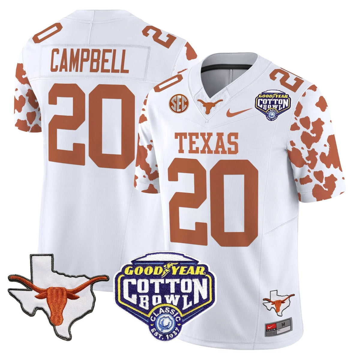 Personalized TL Cow Spots Cotton Bowl Patch Vapor Limited Jersey - White / Earl Campbell Stitched