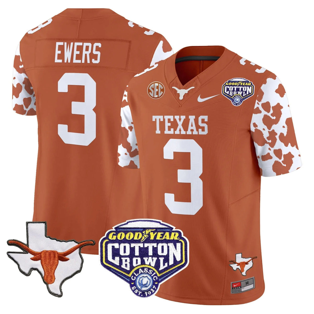 Personalized TL Cow Spots Cotton Bowl Patch Vapor Limited Jersey - Texas Orange / Quinn Ewers Stitched