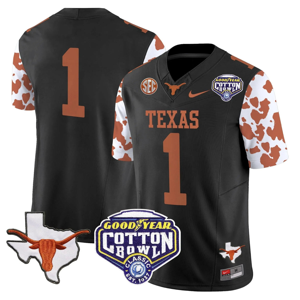 Personalized TL Cow Spots Cotton Bowl Patch Vapor Limited Jersey - Black / #1 Team Stitched