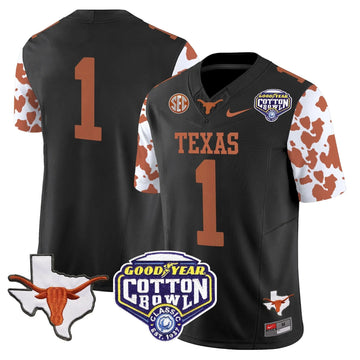 Personalized TL Cow Spots Cotton Bowl Patch Vapor Limited Jersey - Black / #1 Team Stitched