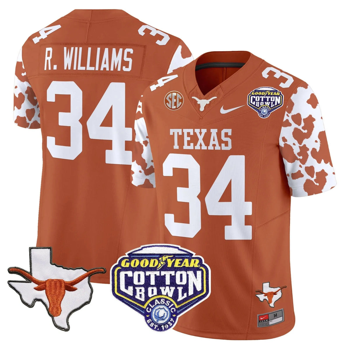 Personalized TL Cow Spots Cotton Bowl Patch Vapor Limited Jersey - Texas Orange / Ricky Williams Stitched