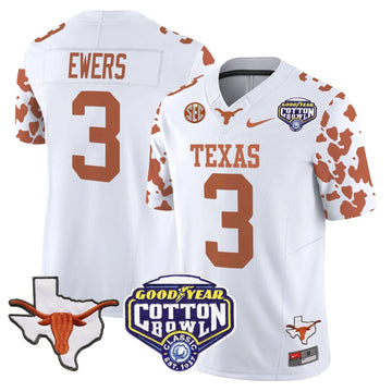 Personalized TL Cow Spots Cotton Bowl Patch Vapor Limited Jersey - White / Quinn Ewers Stitched