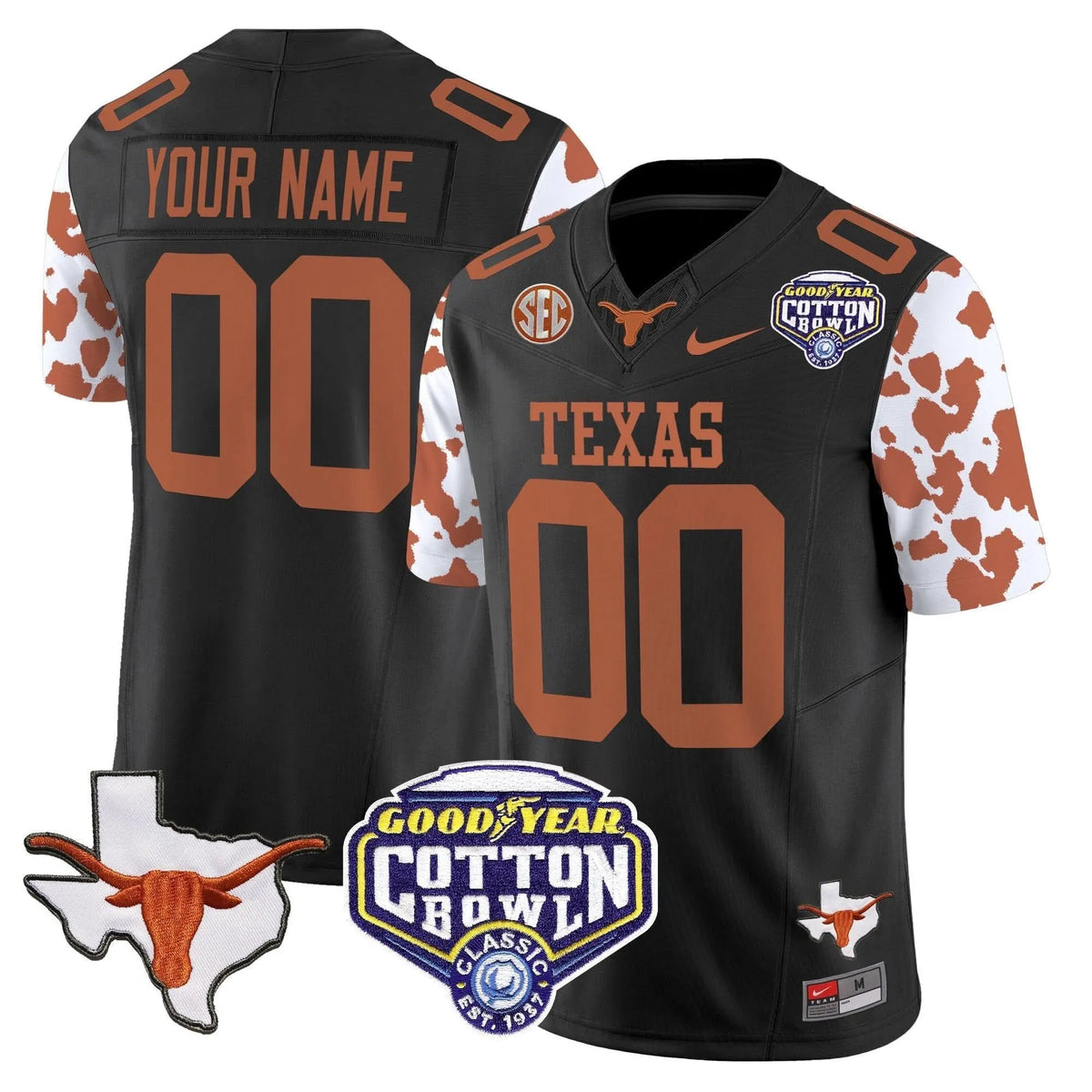 Personalized TL Cow Spots Cotton Bowl Patch Vapor Limited Custom Jersey - Black Stitched