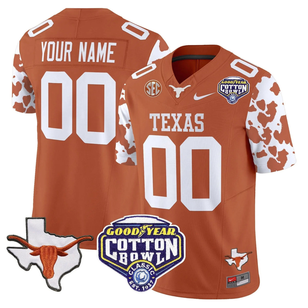 Personalized TL Cow Spots Cotton Bowl Patch Vapor Limited Custom Jersey - Texas Orange Stitched