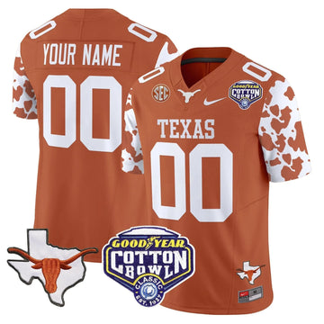 Personalized TL Cow Spots Cotton Bowl Patch Vapor Limited Custom Jersey - Texas Orange Stitched