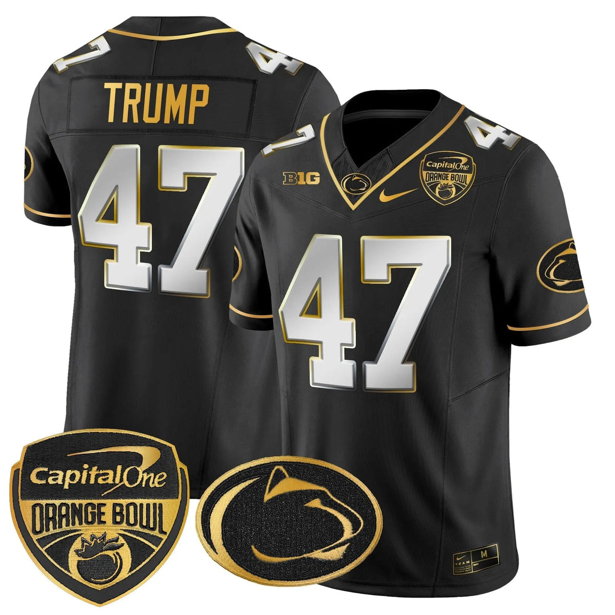 Personalized PSU Orange Bowl Patch Gold Vapor Limited Jersey - Black Limited / Trump Stitched