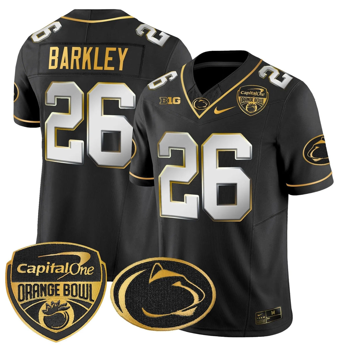 Personalized PSU Orange Bowl Patch Gold Vapor Limited Jersey - Black Limited / Saquon Barkley Stitched