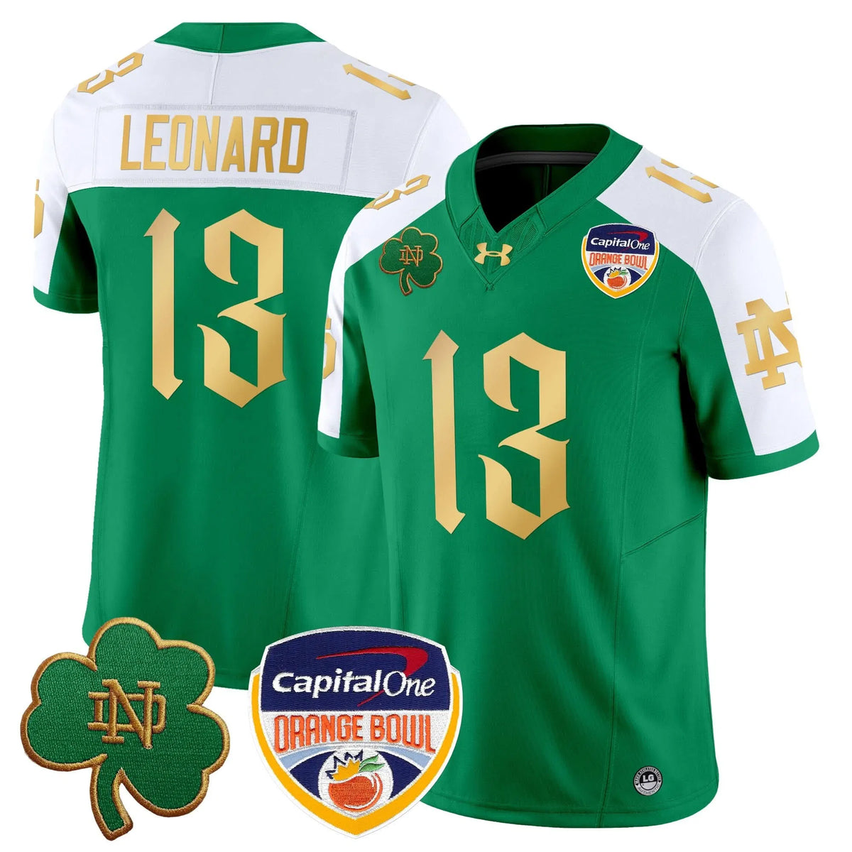 Personalized NDFI 2026 Orange Bowl Patch Vapor Limited Jersey V2 - Green Alternate / Riley Leonard Stitched