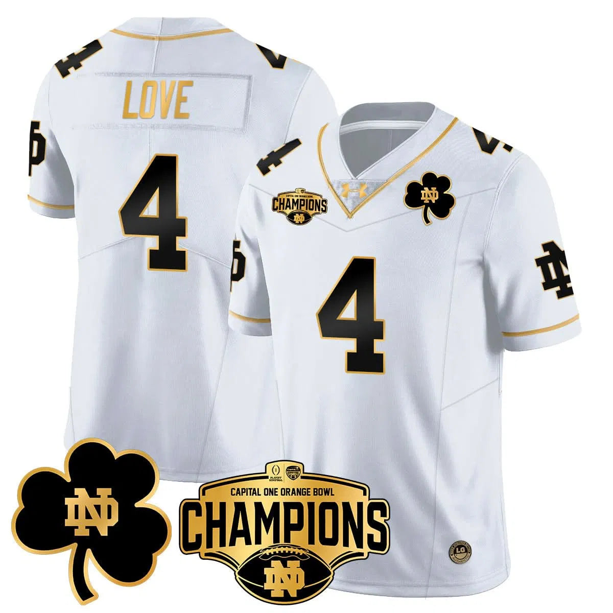 Personalized NDFI 2026 Orange Bowl Champions Jersey N5 - White Gold / Jeremiyah Love Stitched